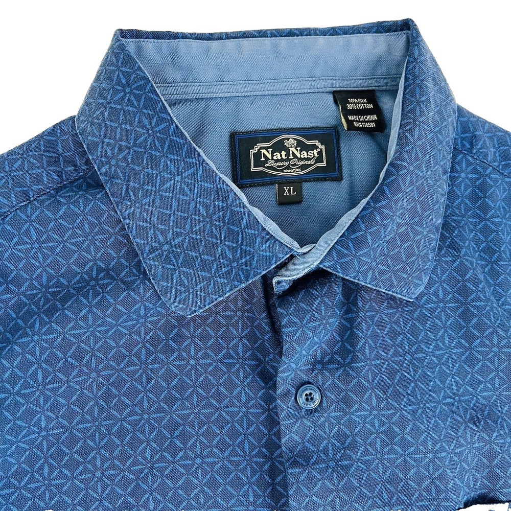 Nat Nast Blue w/ Print All Over Silk Cotton S/S Button Down Mens Size XL - Picture 3 of 6